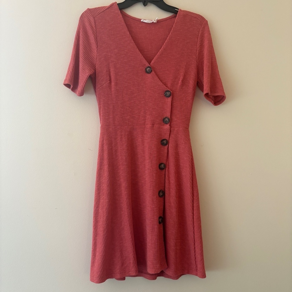 Lush Burnt Orange Ribbed Button Front Mini Dress Small Fit Flare V Neck